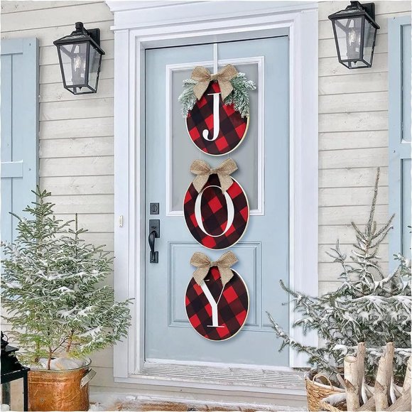 Joy Sign Buffalo Check Plaid Wreath Rustic Burlap Wooden Holiday Decor - Picture 1 of 7